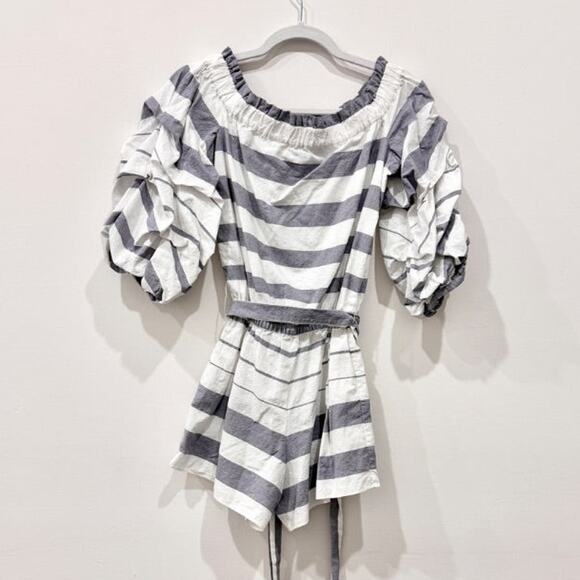 Alexis Striped Off-the-Shoulder Belted Short Romper Gray/White Women's Size S - Picture 3 of 5